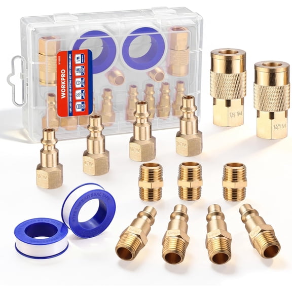 WORKPRO 16-Piece 1/4-Inch NPT Air Hose Fitting Kit with Storage Case, Quick Connect Brass Coupler & Plug for Air Compressor Accessories