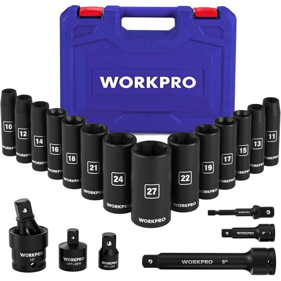 WORKPRO 20-Piece 1/2 Drive Deep Impact Socket Set, 6-Point, Cr-V Steel, 10-27mm, Universal Joint, Adapter and Extension Bar, Metric