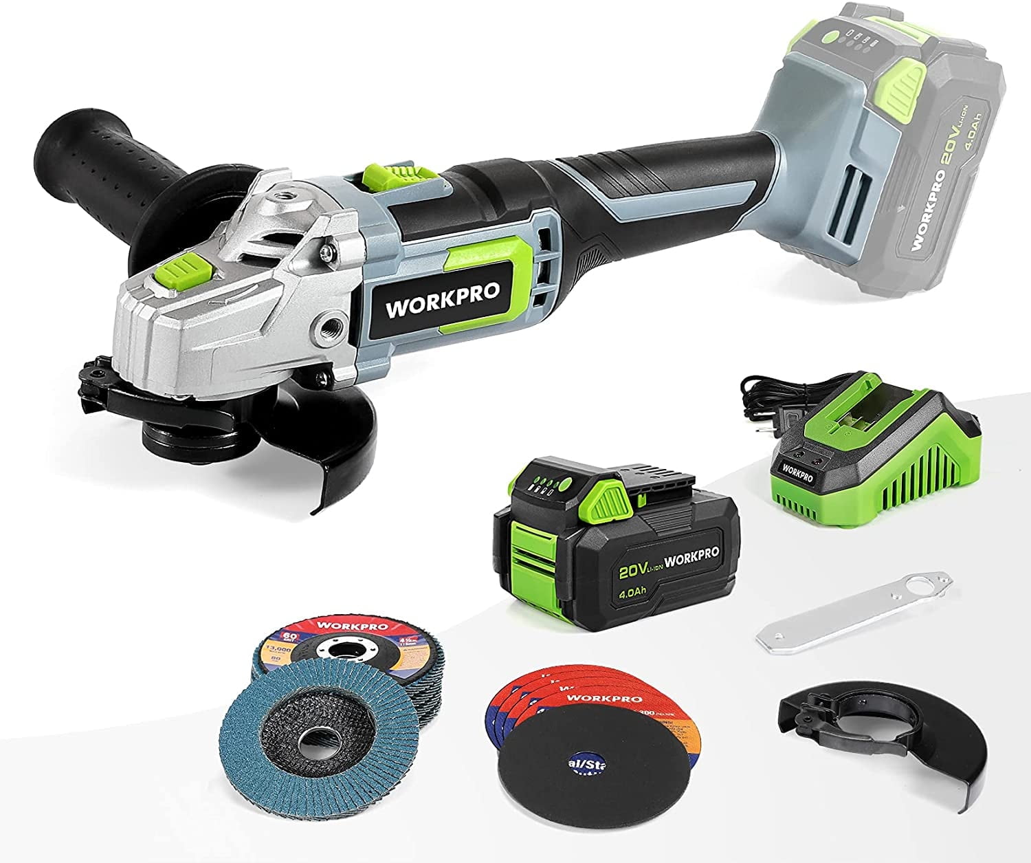 WORKPRO 20V Cordless Angle Grinder Kit, 4-1/2 inch, Lightweight Angle Grinder Power Tool with 4.0Ah Lithium-Ion Battery & Fast Charger, Ergonomic Button Position for Reducing Hand Pressure