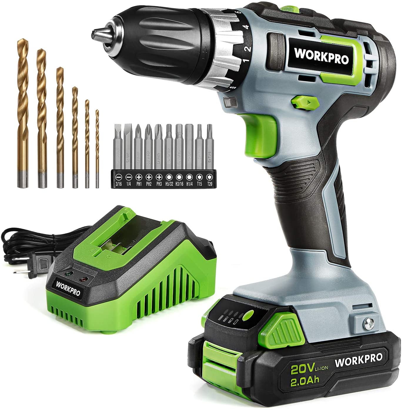  FASTPRO 20V Max Cordless Drill set, 3/8 in. Power Drill Driver  kit with One 1.5 Ah Lithium-ion Batteries, Charger and Tool Bag, Green :  Tools & Home Improvement