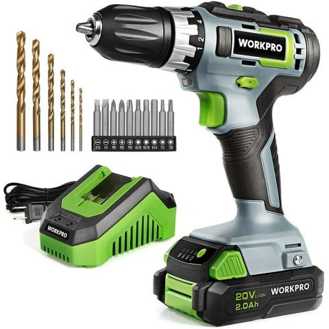 WORKPRO 20V Cordless Drill/Driver Kit, 3/8, 18+2 Torque Setting, Variable Speed, 2.0 Ah Li-Ion Battery and 1 Hour Fast Charger