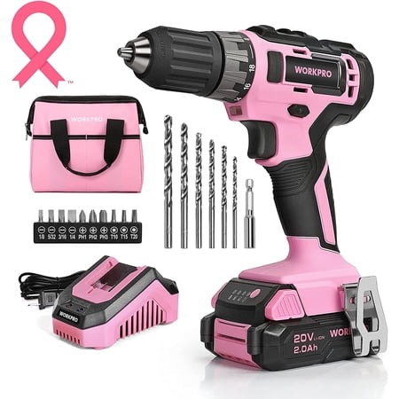 WORKPRO 20V Pink Cordless Drill Driver Set, 3/8” Keyless Chuck, 2.0 Ah Li-Ion Battery, 1 Hour Fast Charger and 11-inch Storage Bag Included