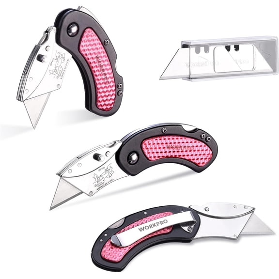 WORKPRO 3-Pack Folding Utility Knife, Pink Box Cutter Quick Change Blade Razor Knife, Back-lock Mechanism with 10-piece Extra Blades, Pink Ribbon