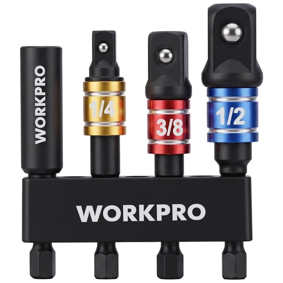 WORKPRO 4-Piece Impact Socket Adapter Set, 1/4", 3/8" & 1/2" Drive Extension Bits with Holder, Impact Grade Socket Converter for Power Drills, Impact Drivers and High-Torque Wrenches