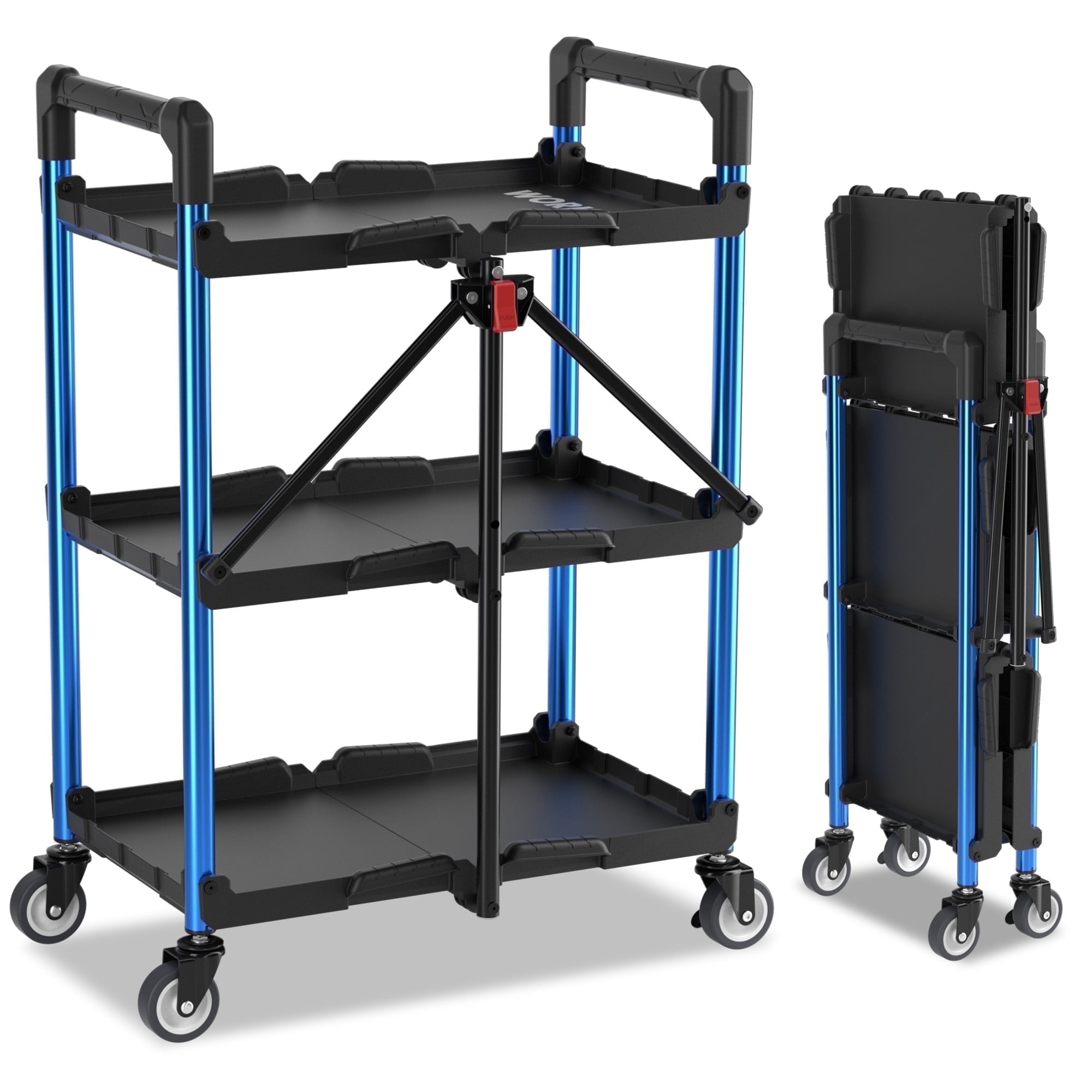 WORKPRO 3-Tier Folding Collapsible Service Cart with Wheels, 210 Lbs Loading Capacity, Foldable Rolling Utility Cart for Garage, Warehouse, Home, Restaurant, Office