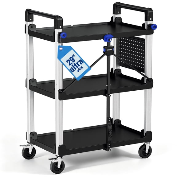 WORKPRO 29” Extra-Wide 3-Tier Heavy Duty Collapsible Service Cart with Pegboard, 360lbs Dynamic Load, Folding Rolling Utility Cart with Locking Wheels for Garage, Warehouse