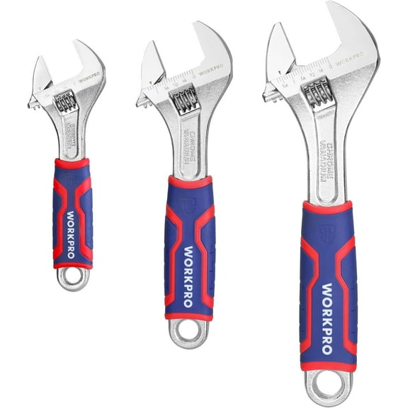 WORKPRO 3-piece Adjustable Wrench Set, Cr-V Wide Jaw Wrench With Rubber Anti-Slip Grip, 6-inch, 8-inch, 10-inch with Metric/SAE Scales, Chrome Plated