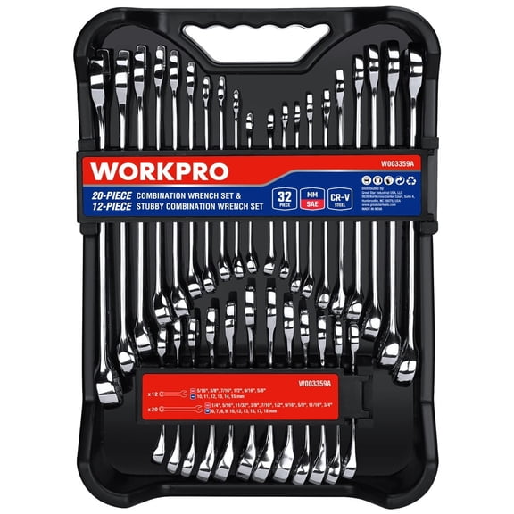 WORKPRO 32PC SAE&Metric Combination Wrench Set 12 PT Regular Wrenches set w/Tray