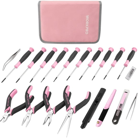 WORKPRO 33PCS Precision Repair Tool Set Includes Pliers Set, Screwdrivers Set, Craft & Utility Knife, Tweezers, Electronic Repair Tool Kit with Pouch for Laptops, Phones, Computer - Pink Ribbon