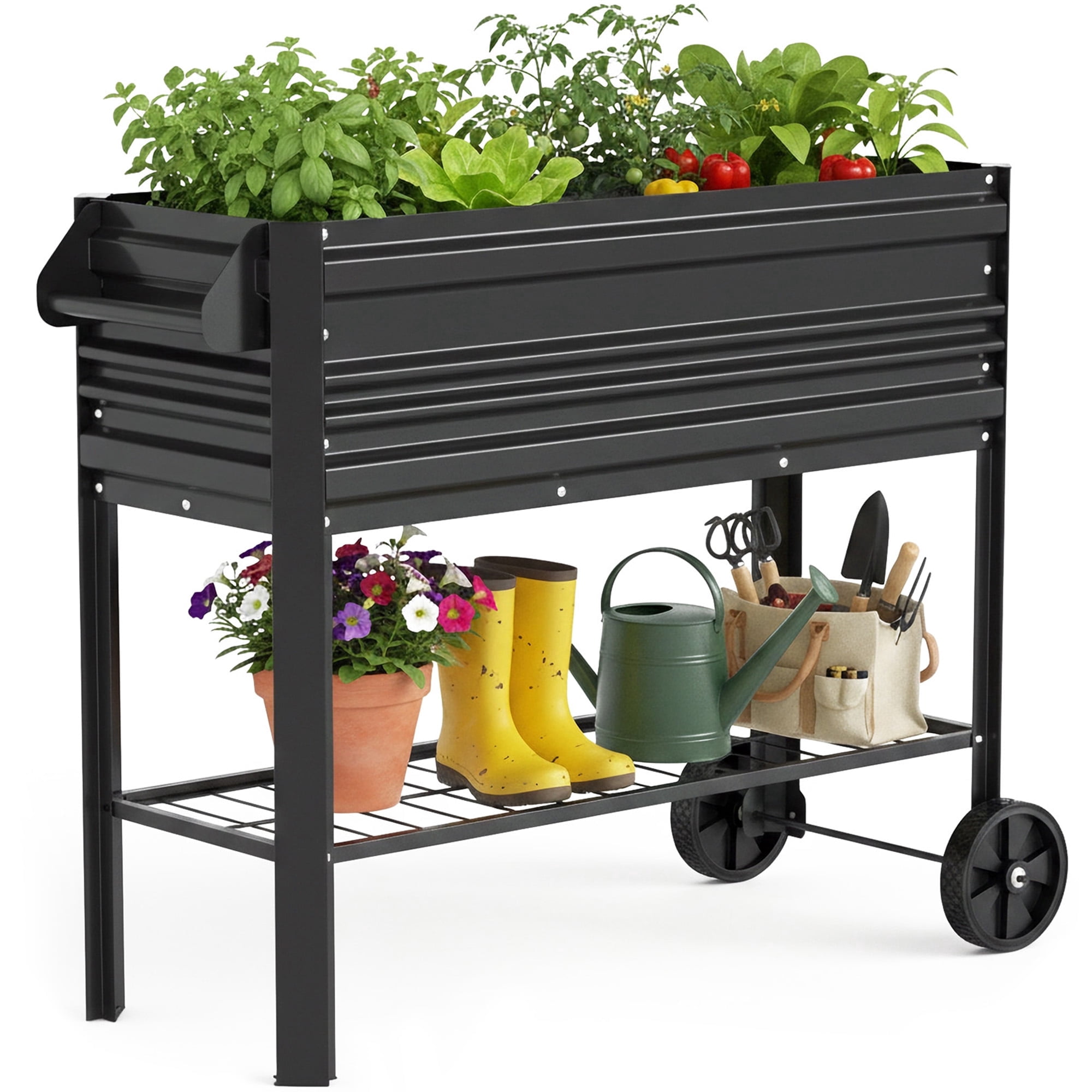 WORKPRO 37in Outdoor Galvanized Raised Garden Bed with Legs and Wheels -Black