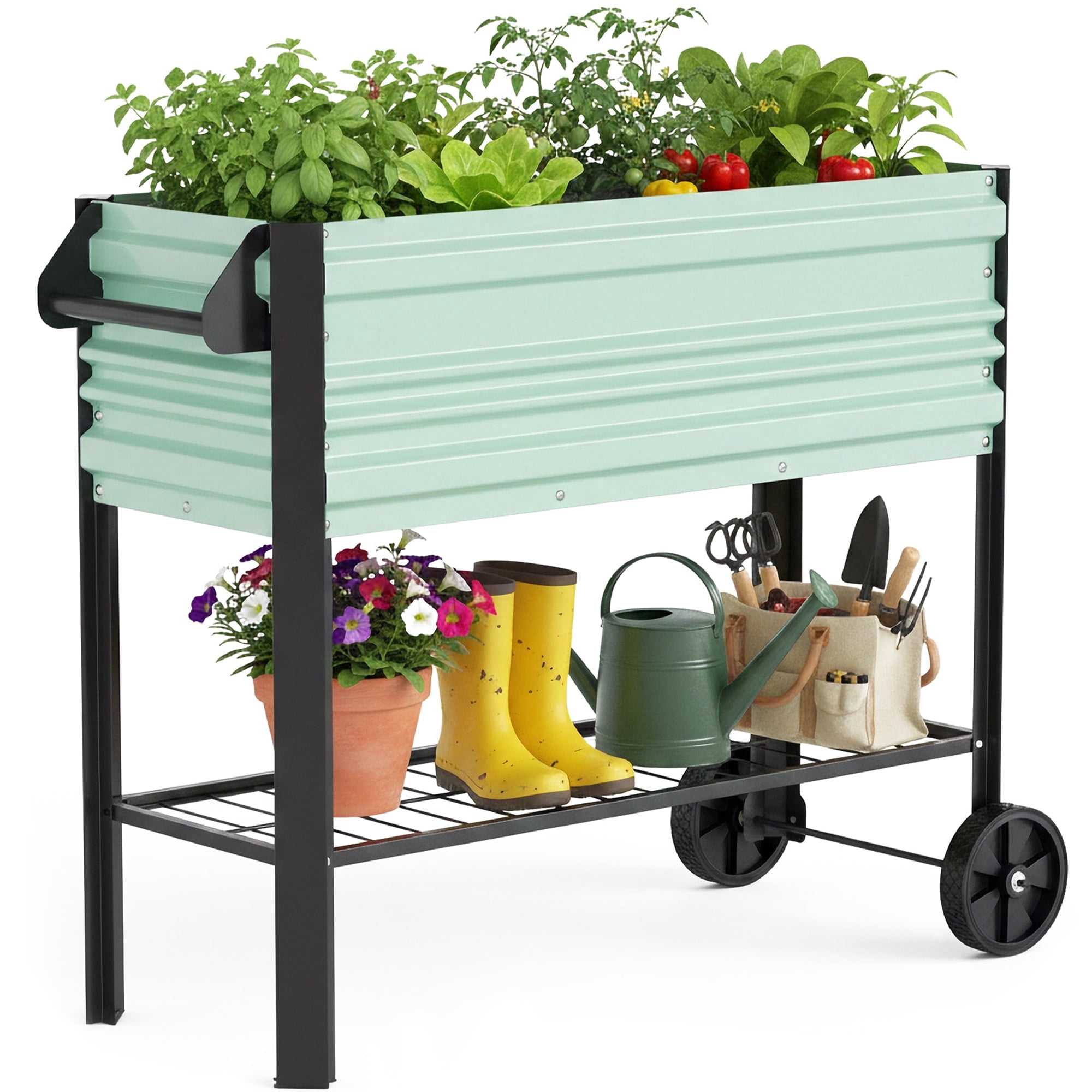 WORKPRO 37in Outdoor Galvanized Raised Garden Bed with Legs and Wheels -Light Green