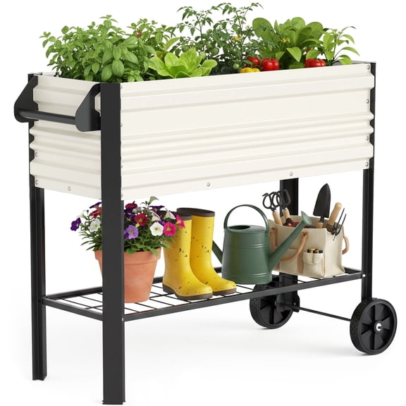 WORKPRO 37in Outdoor Galvanized Raised Garden Bed with Legs and Wheels -White