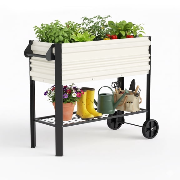 WORKPRO 37in Outdoor Galvanized Raised Garden Bed with Legs and Wheels -White