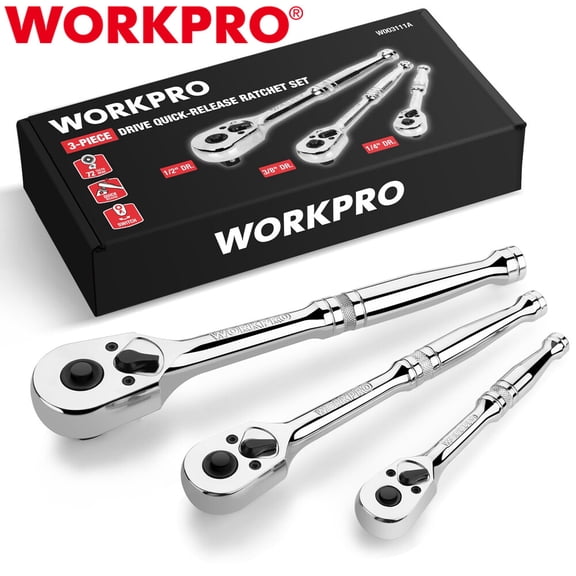 WORKPRO 3PCS Ratchet Set 1/4" 3/8" 1/2" Dr Ratchet Handle Quick Release 72-Tooth