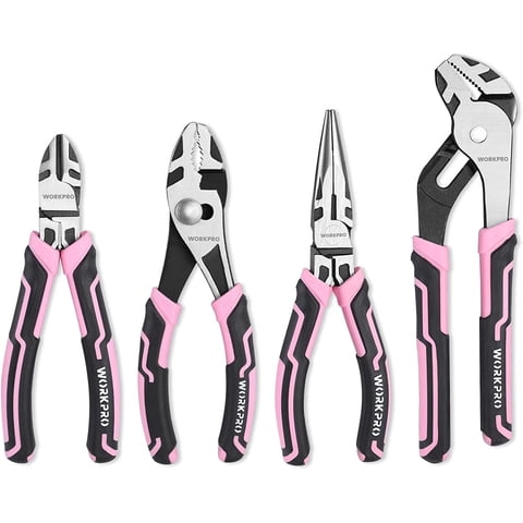 WORKPRO 4-Piece Pliers Set, Premium CR-V Construction Pliers Tool Sets Including Long Nose, Diagonal Cutting, Groove Joint and Slip Joint Pliers(Pink)