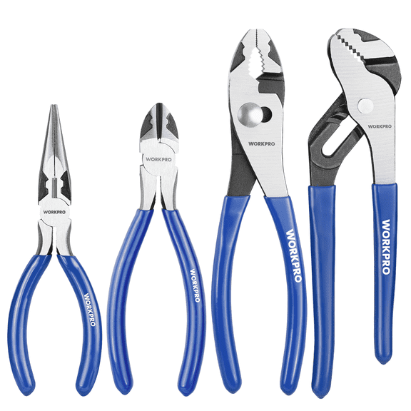 WORKPRO 4-Piece Pliers Tool Kit with Soft Handle Includes 6”Needle Plier,6”Diagonal Plier,8”Slip Joint Plier,8”Groove Plier,for Home Repairing,Plumbing,Electronic Devices & Making Crafts