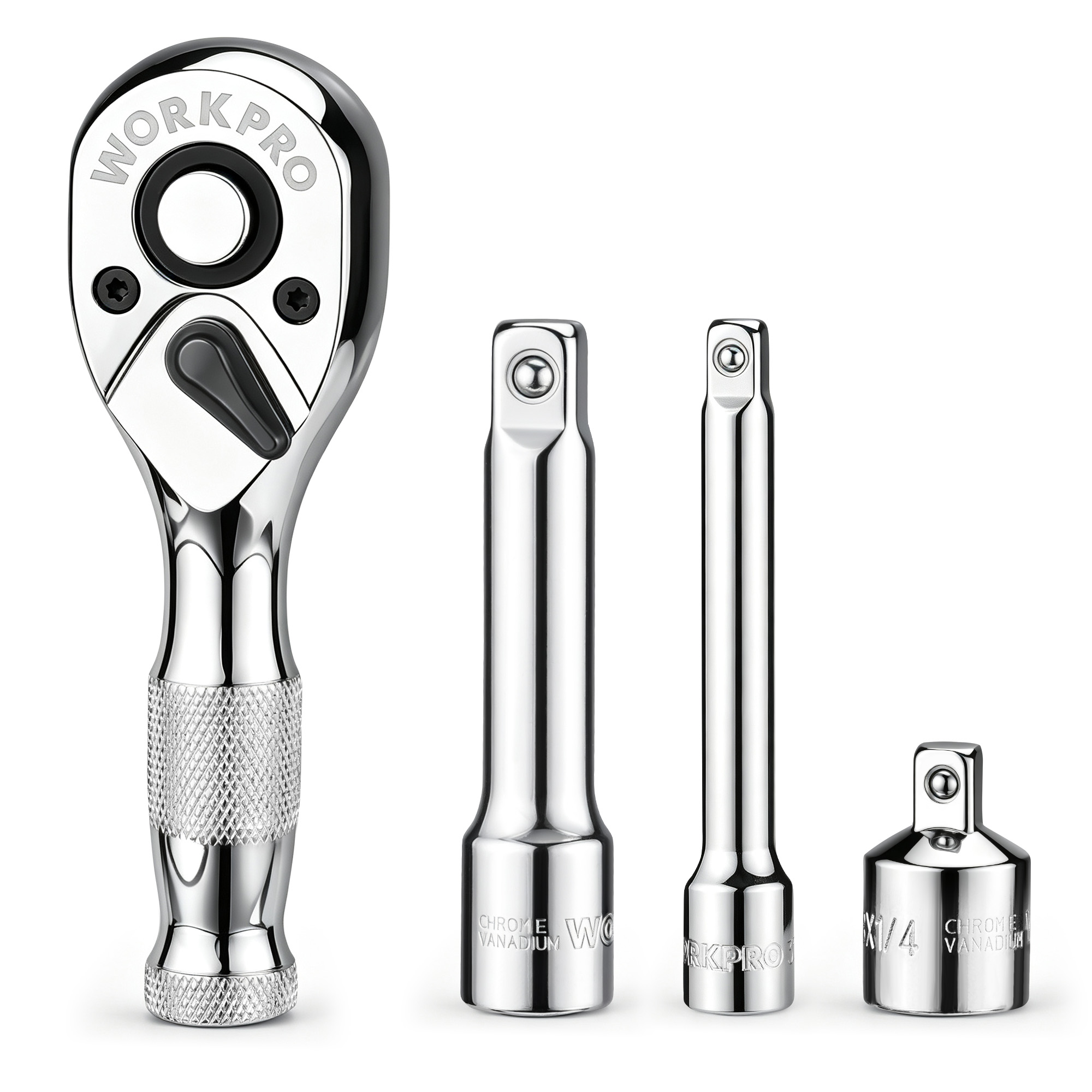 WORKPRO 4-Piece Stubby Ratchet and Extension Bar Set, 72-Tooth 3/8" Drive Quick-Release Ratchet with Socket Adapter, Chrome Vanadium Steel for Automotive Repair