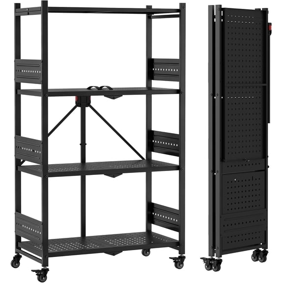 WORKPRO 4-Tier Folding Shelf, No-Assembly Metal Storage Rack with Wheels, 600 lbs Capacity (with Leveling Feet), Collapsible Shelving Unit for Kitchen, Pantry, Bathroom & Closet Organization