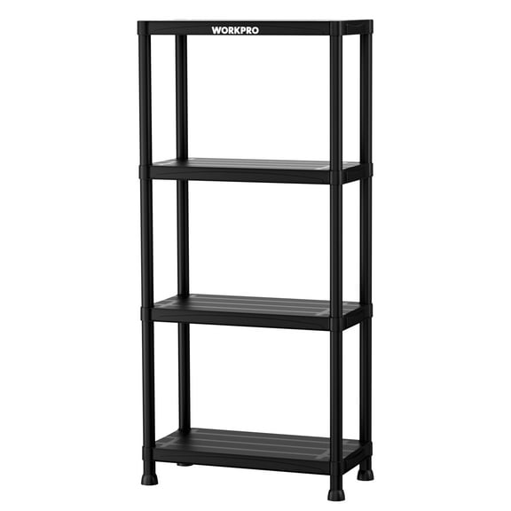 WORKPRO 4-Tier Plastic Storage Shelf, Black Utility Shelving Unit with Wall Brackets, Tool-Free Assembly for Garage, Laundry Room & Basement