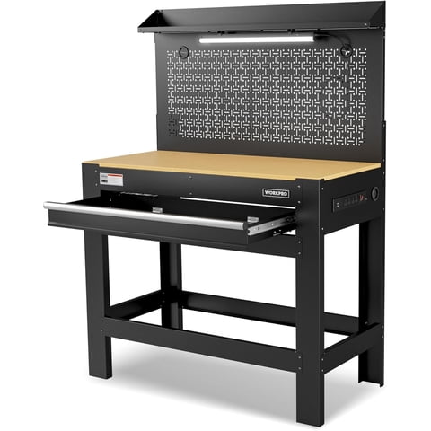 WORKPRO 45" Garage Workbench with Storage, Heavy-Duty Workbench with Pegboard, Power Outlets and Light, 800 LBS Work Bench for Garage, Warehouse, Workshop, Repair Shop