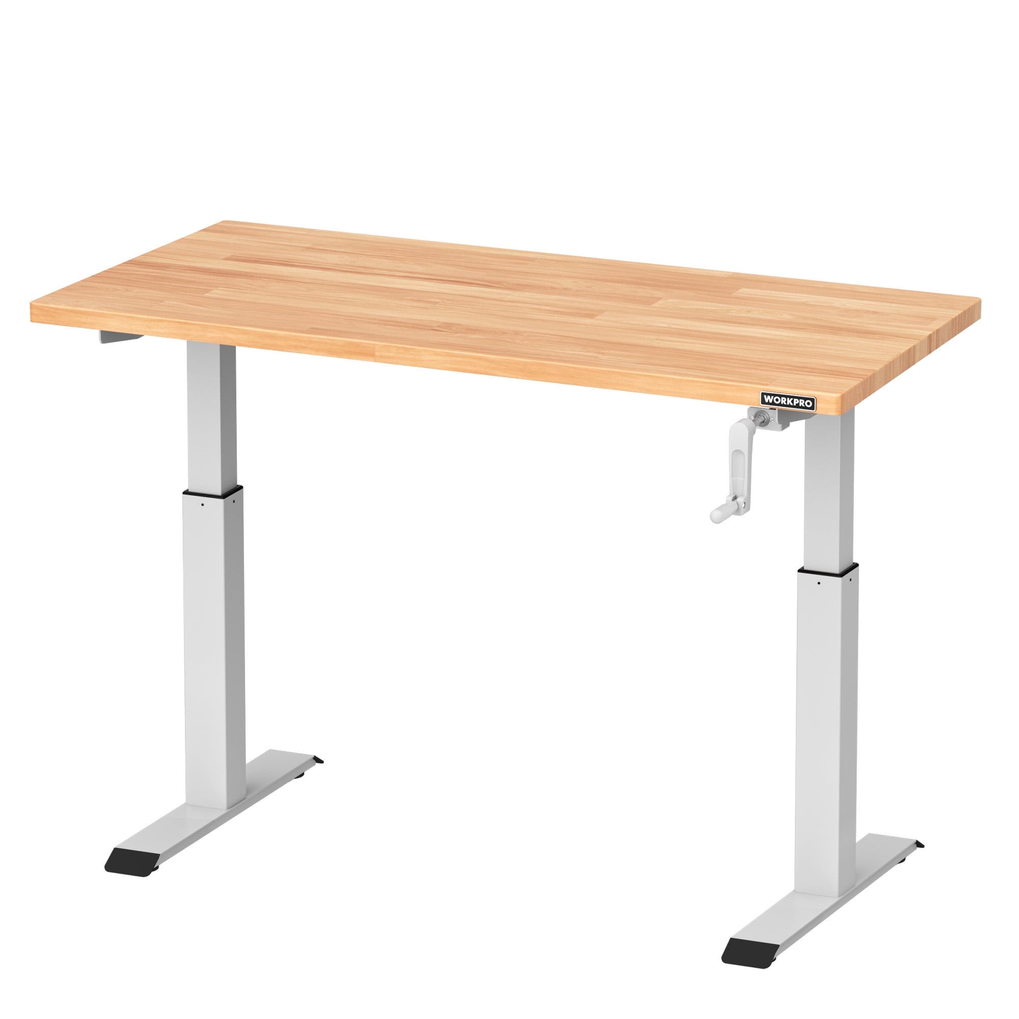 WORKPRO 47.2" x 23.6" Adjustable Height Workbench with Crank Handle, 300 lbs Load Capacity, Rubberwood Top Standing Desk for Garage, Workshop, or Home White