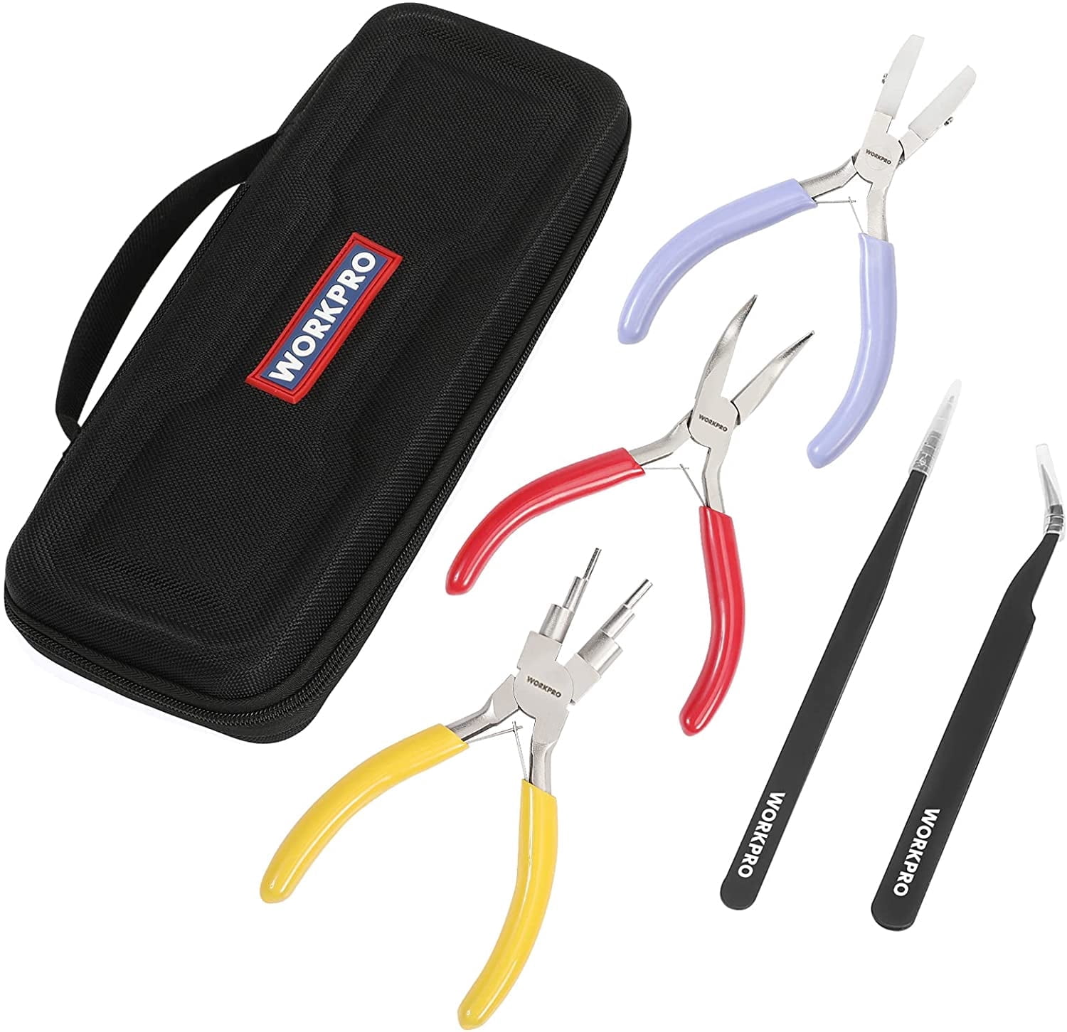 WORKPRO 5 Pieces Jewelry Pliers, Jewelry Tools Includes 6 IN 1 Wire Loop Pliers, Nylon Nose Pliers, Bent Nose Pliers for Jewelry Making, Pointed Tweezers, Curved Tweezers, with Storage Bag