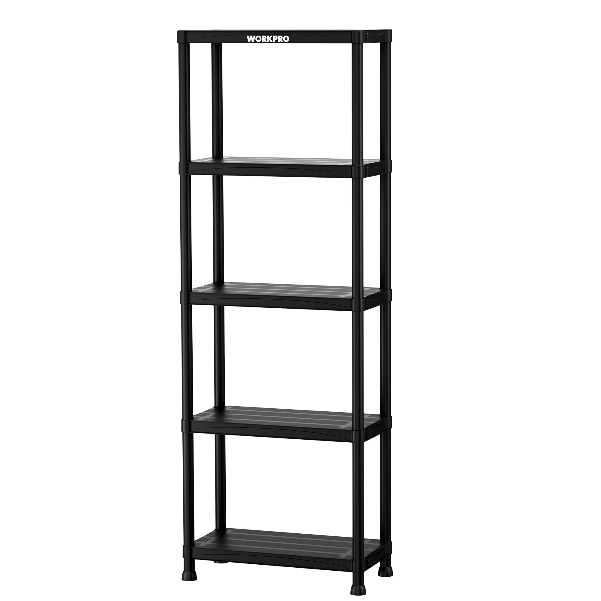 workpro 5-tier plastic storage shelf, black freestanding utility organizer for garage, laundry room & basement