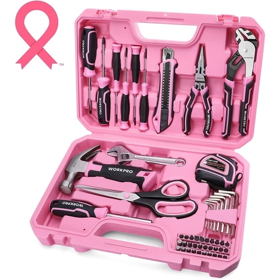 WORKPRO 52-Piece Pink Tools Set, Household Lady Tool Kit with Storage Toolbox, Basic Tool Set for Home, Garage, Apartment, Dorm, New House, Back to School, and as a Gift