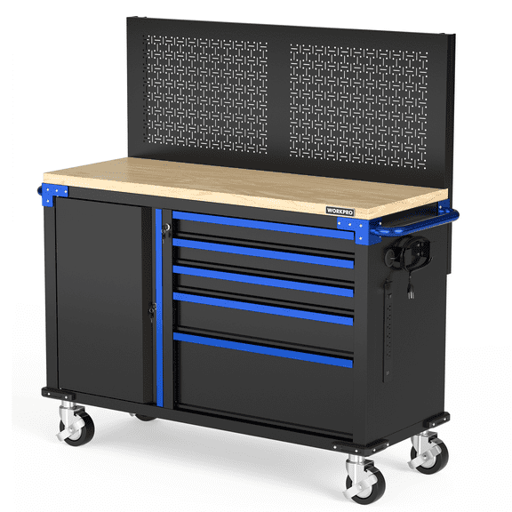 WORKPRO 52" x 20" 1000 lbs Capacity Rolling Tool Chest with Rubberwood Countertop and Locking System, Heavy Duty Tool Storage Cabinet for Garage, Warehouse and Workshop, 5-Drawer & 1-Door, Black
