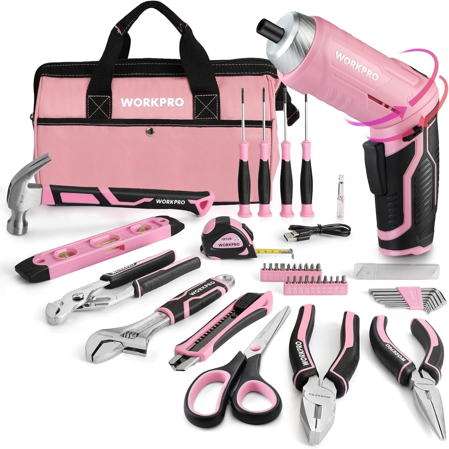 WORKPRO 53-Piece Pink Tool Set with Cordless Screwdriver - Walmart.com