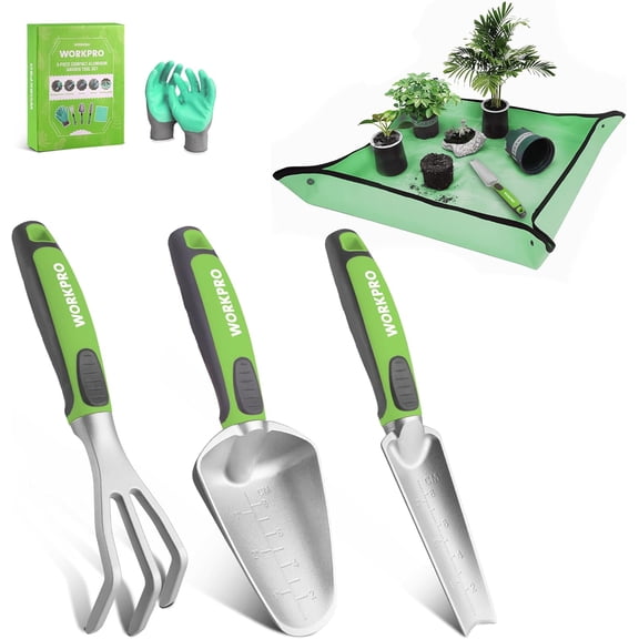 WORKPRO 5PCS Garden Tool Set, Powder Coating Compact Aluminum Gardening Tool Set with Repotting Mat, Outdoor Garden Hand Tools, Ideal Gardening Gift, Green