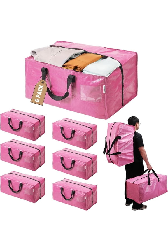 6 Pack Extra Large Moving Bags with Zippers & Carrying Handles Backpack Straps, Heavy-Duty Storage Tote for Space Saving Moving Storage (Pink)