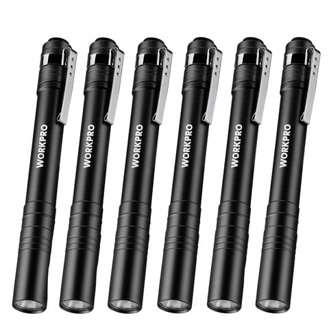 WORKPRO 6-Pack LED Pen Light, Aluminum Pen Flashlights, Pocket Flashlight with Clip for Inspection, Emergency, Everyday, 2AAA Batteries Included, Black