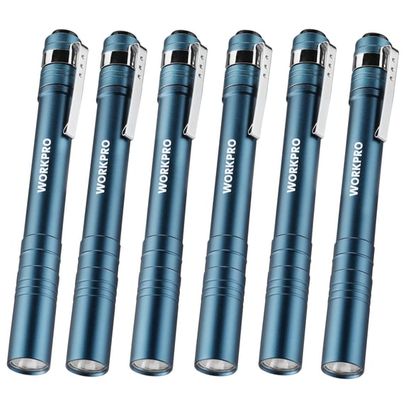 WORKPRO 6-Pack LED Pen Light, Aluminum Pen Flashlights, Pocket Flashlight with Clip for Inspection, Emergency, Everyday, 2AAA Batteries Included, Blue
