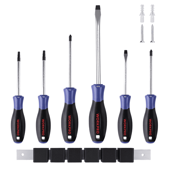 WORKPRO 6-Piece Magnetic Screwdrivers Set with Organizer,Flat Head/Slotted/Phillips/Torx Screwdriver Tools Set,Chrome Plating CR-V Shanks, Non-Slip Handle