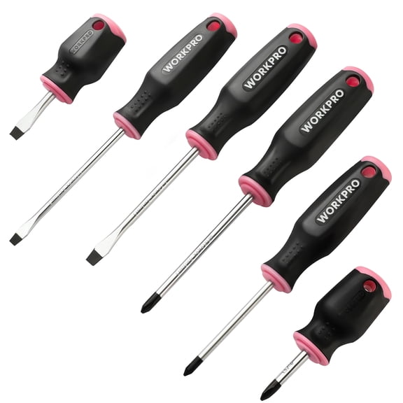 WORKPRO 6-Piece Pink Magnetic Screwdrivers Set, Includes 3 Slotted & 3 Phillips Screwdrivers, Stubby Screwdrivers, Cr-V Shank, Hand Tool Kit for Woman - Pink Ribbon