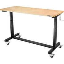 WORKPRO 60” Height Adjustable Work Table with Crank Handle and Casters, 60” x 24” Wooden Top Standing Desk Workbench, Heights from 29”-38”, 500 Lbs Load Capacity for Garage.