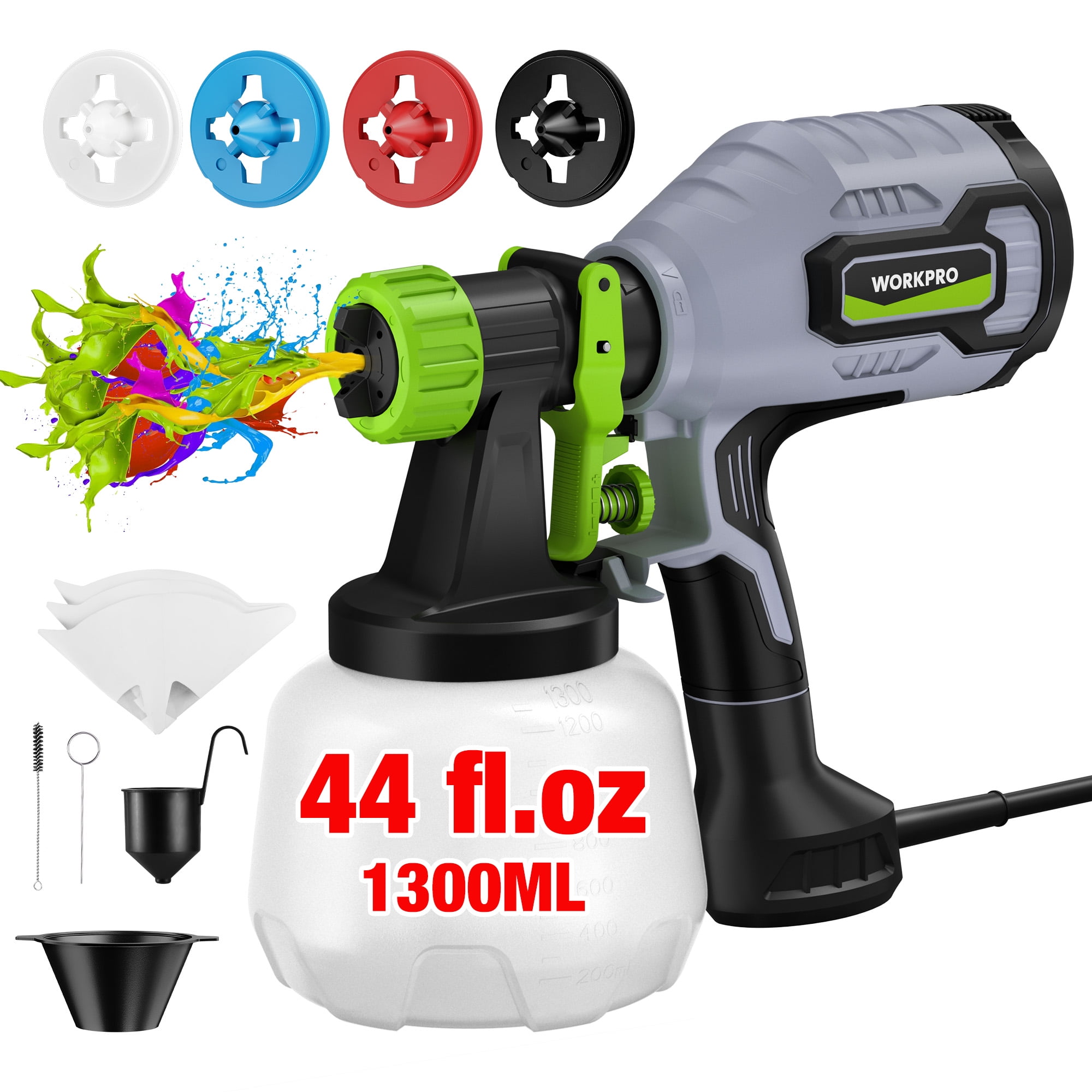 WORKPRO Paint Sprayer, 600W HVLP Spray Gun with 4 Nozzles, 3 Spray Patterns, Adjustable Flow, 44 Fl. Oz (1300 ml) Container, for Furniture, Cabinets, Walls, Doors