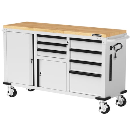 WORKPRO 62" x 20" 1000 lbs Capacity Rolling Tool Chest with Rubberwood Countertop and Locking System, Heavy Duty Tool Storage Cabinet for Garage, Warehouse and Workshop, 7-Drawer & 2-Door, White