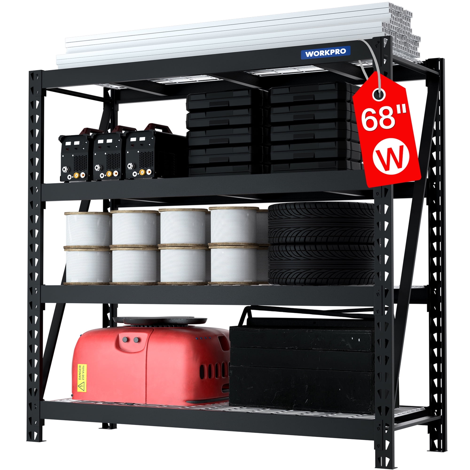 WORKPRO 68" Ultra Wide 4-Tier Metal Garage Storage Shelves, 7200LBS Heavy Duty Adjustable Storage Rack for Basement, Warehouse, Workshop, 68"W x 24"D x 65"H