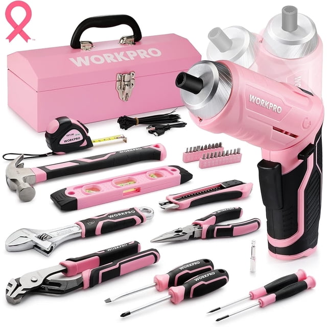 WORKPRO 75-Piece Pink Tool Set with 3.7V Cordless Screwdriver & Portable Steel Toolbox - Home, Garage, Dorm Essentials