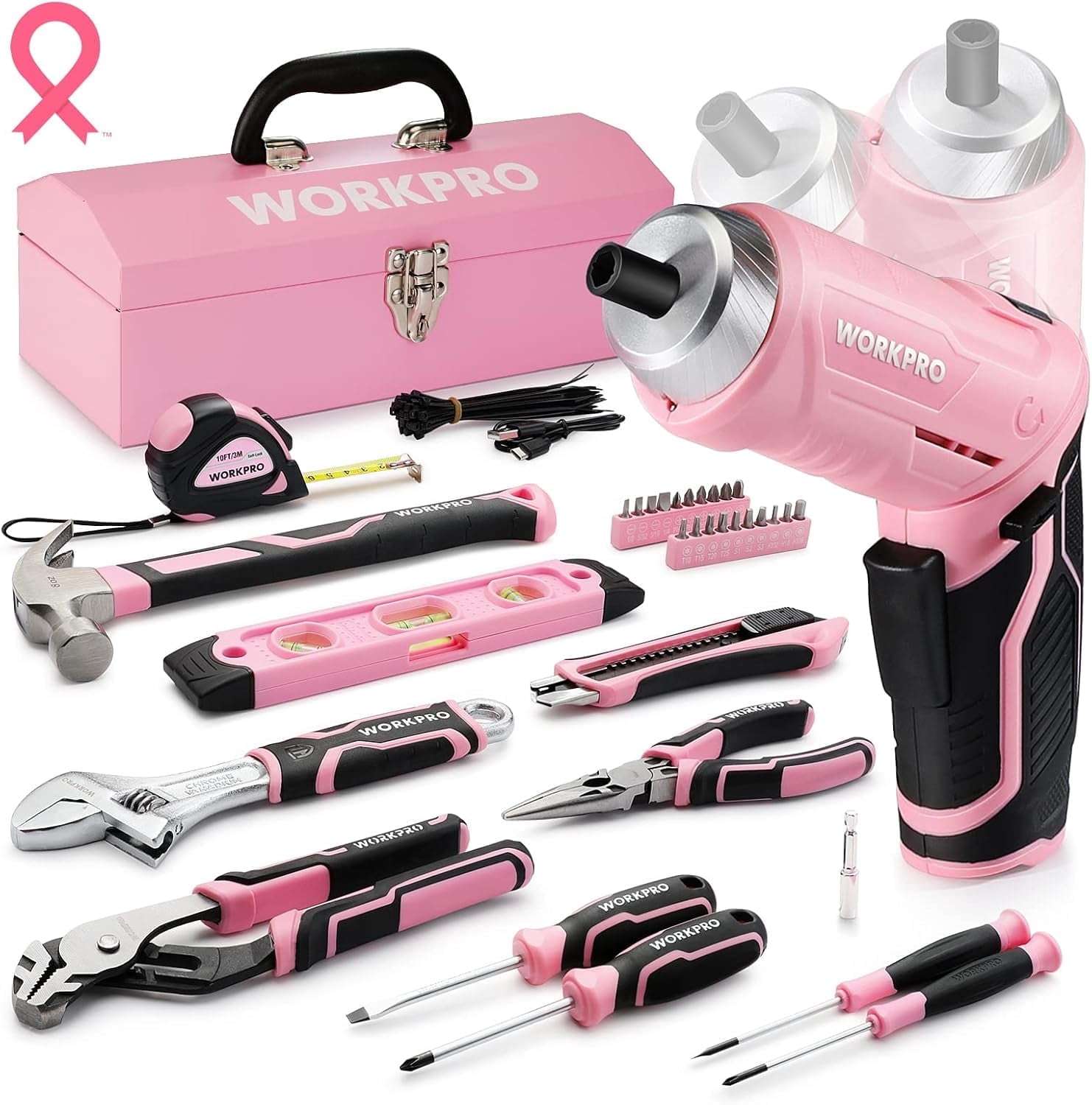 WORKPRO 75-Piece Pink Tool Set with 3.7V Cordless Screwdriver & Portable Steel Toolbox - Home, Garage, Dorm Essentials