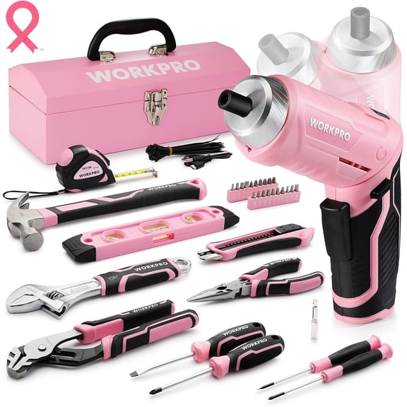 WORKPRO 75-Piece Pink Tool Set with 3.7V Cordless Screwdriver & Portable Steel Toolbox - Home, Garage, Dorm Essentials