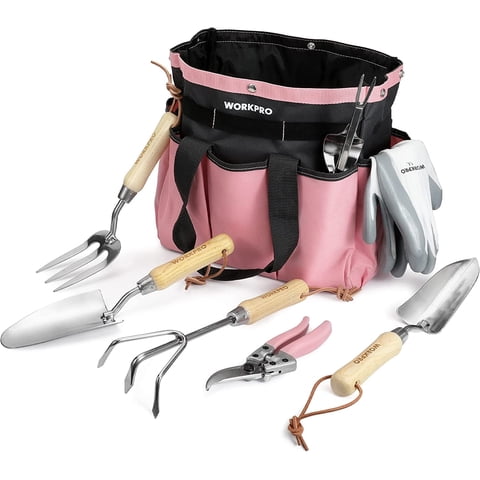 WORKPRO 8-Piece Pink Garden Tool Set with Tote & Gloves, Stainless Steel Hand Tools with Wooden Handles, Gardening Gifts for Women Pink Ribbon