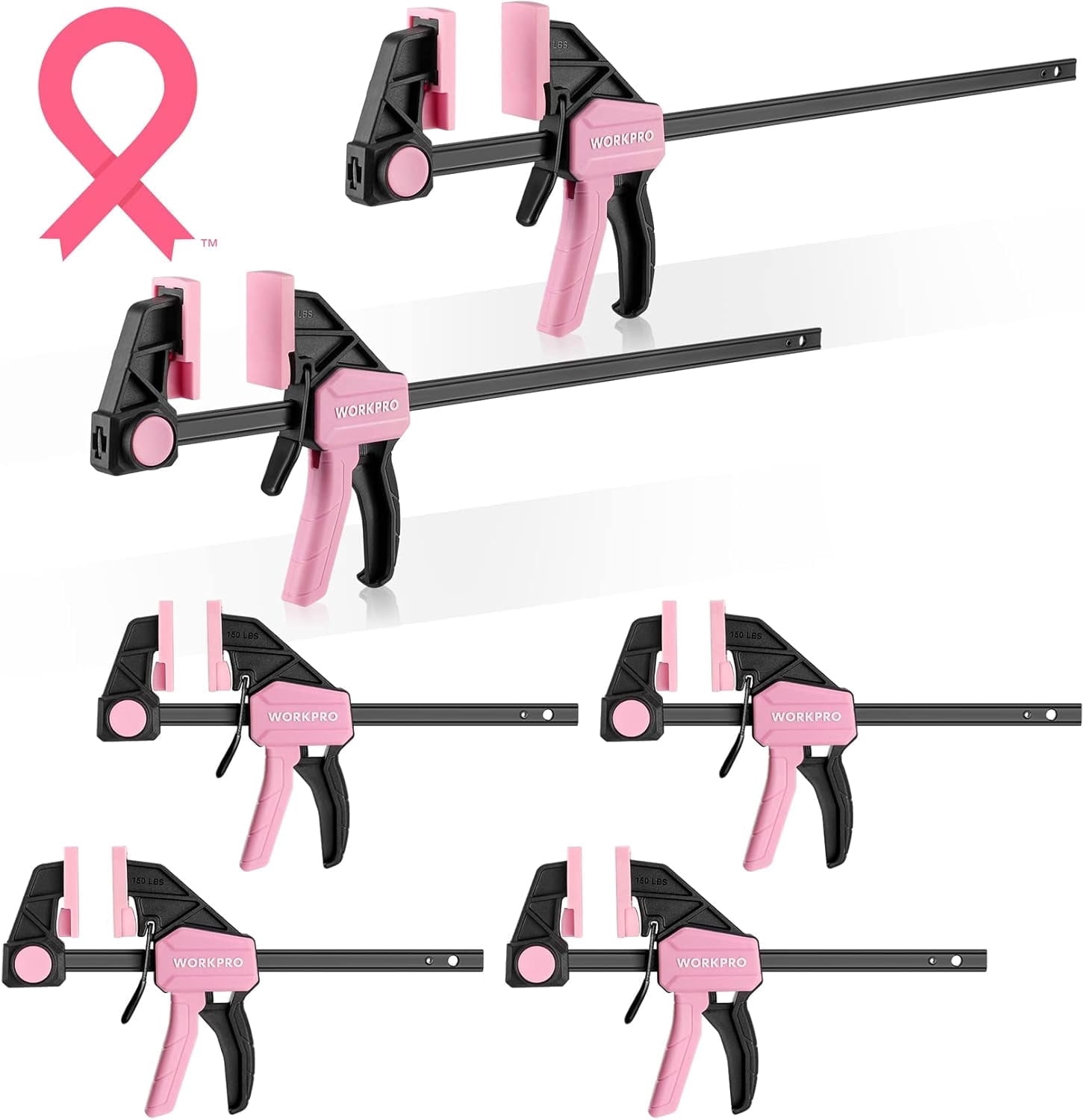 WORKPRO One-Handed Bar Clamps Set, 6-Pack (4PC 6" & 2PC 12"), Light-Duty Quick-Change F Clamps with 150 lbs Load Limit, Pink Ribbon