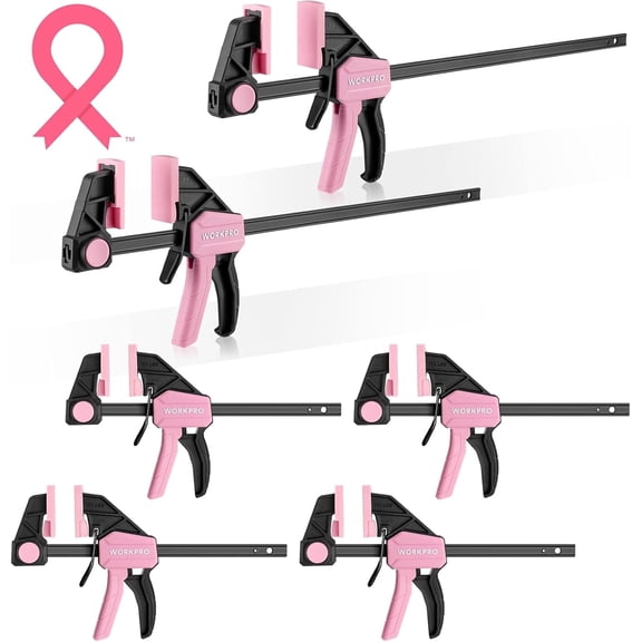 WORKPRO One-Handed Bar Clamps Set, 6-Pack (4PC 6" & 2PC 12"), Light-Duty Quick-Change F Clamps with 150 lbs Load Limit, Pink Ribbon