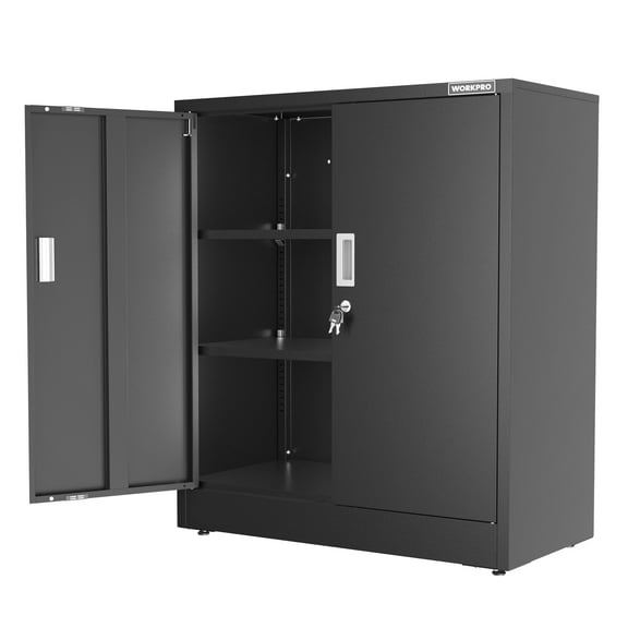 WORKPRO Black Small Industrial Metal Storage Cabinet with Doors and Shelves,Garage Cabinet with Lock for Home, Warehouse, Office, Shop, Solid Packed