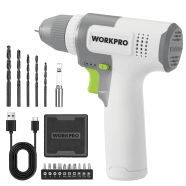 WORKPRO Cordless 8V Drill Driver Set, 2Ah Electric Power Drill with 3/8'' Keyless Chuck, 15pcs Bits & 1 Type-C Charging Cord for Drilling and Screwing,White
