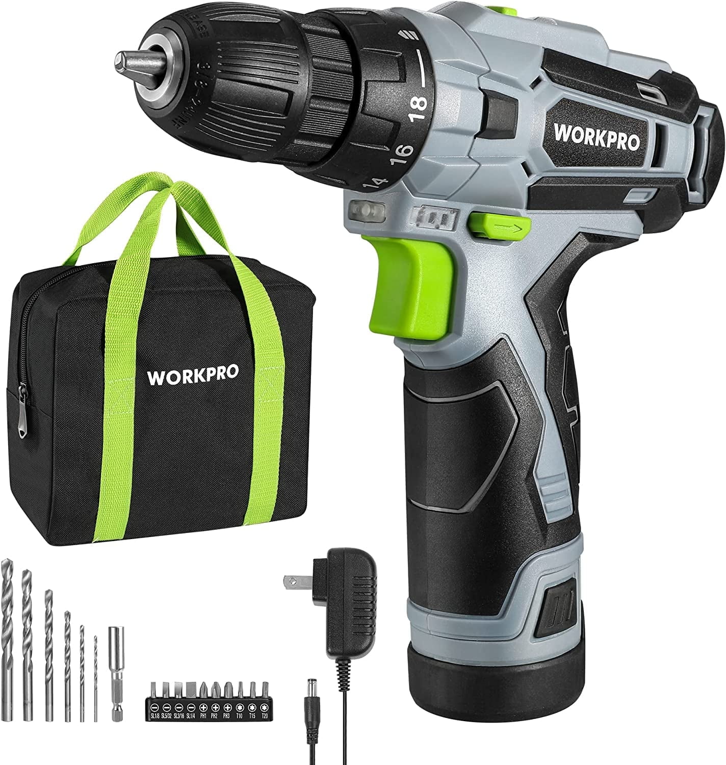 WORKPRO Cordless Drill Driver Kit, 12V Electric Screwdriver Driver Tool Kit for Women, 3/8" Keyless Chuck, Charger and Storage Bag Included