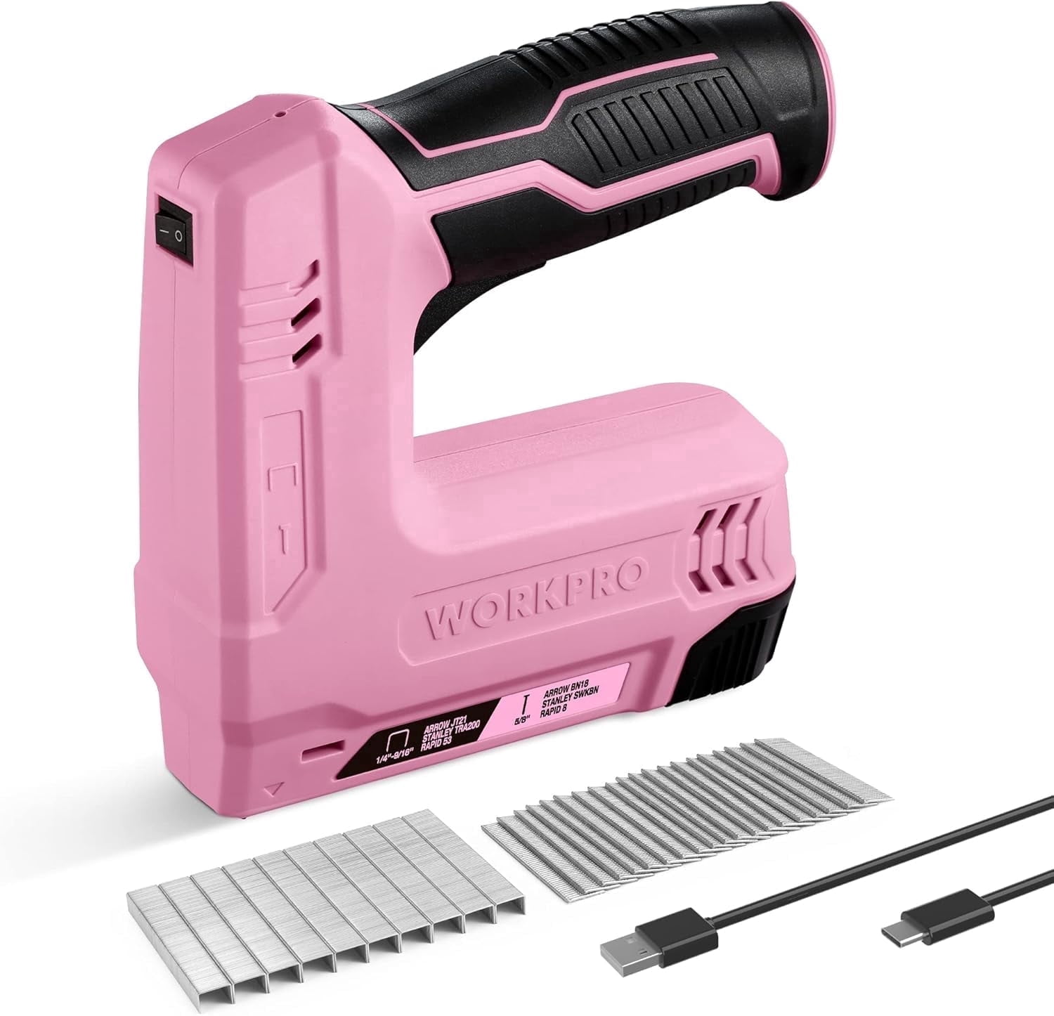 WORKPRO 3.6V Electric Staple Gun, 2-in-1 Brad Nailer with 2000 Fasteners, Usb Rechargeable for Upholstery and Home Diy Projects, Pink Ribbon